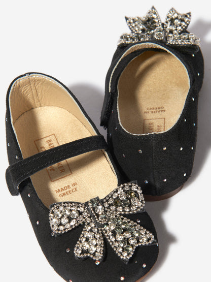 BABYWALKER Girls Suede Swarovski Bow Ballerinas in Black