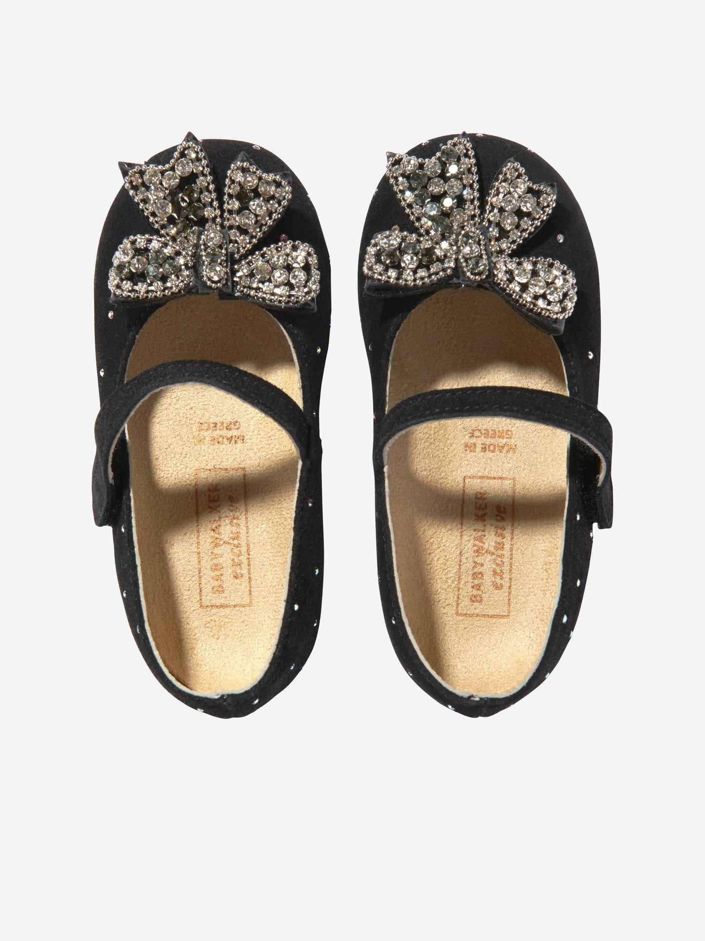BABYWALKER Girls Suede Swarovski Bow Ballerinas in Black
