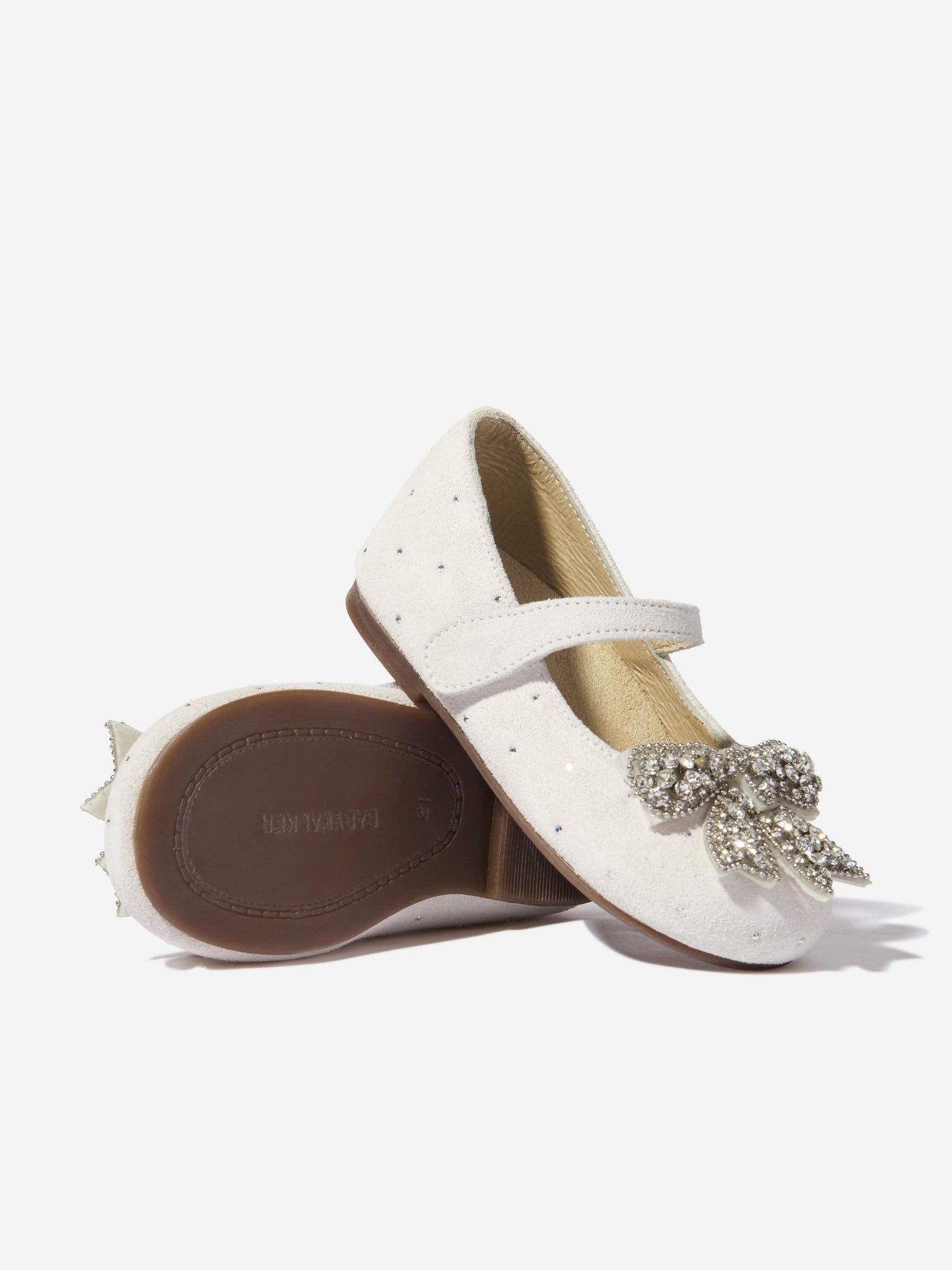 BABYWALKER Girls Suede Swarovski Bow Ballerinas in White
