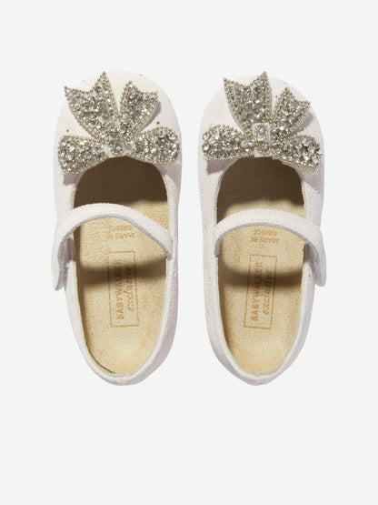 BABYWALKER Girls Suede Swarovski Bow Ballerinas in White