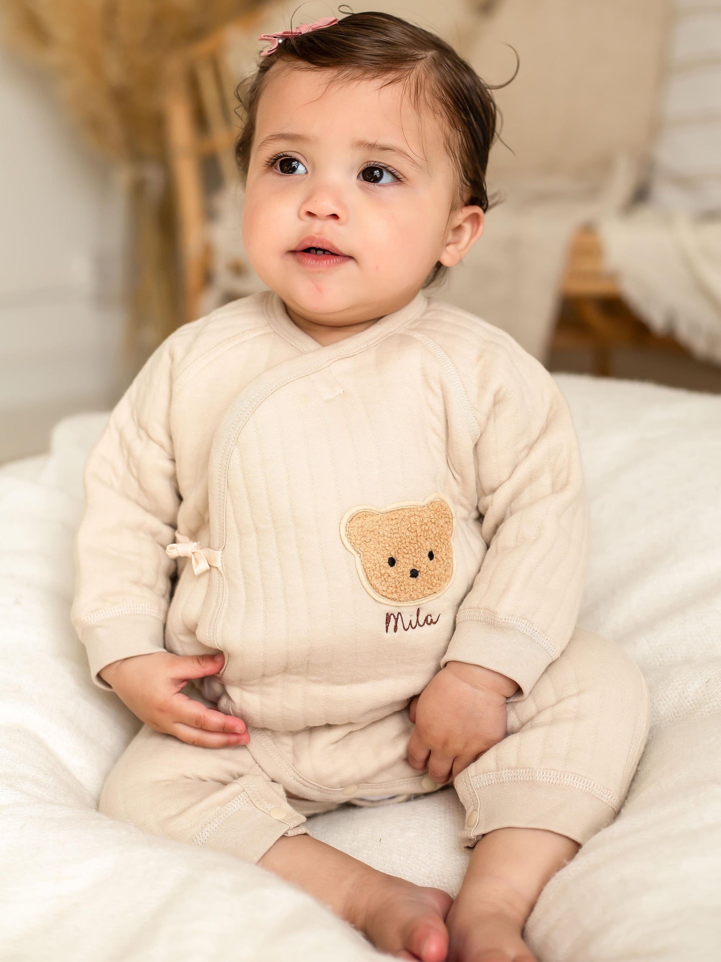 Cozy Crew Club Baby The Teddy Bear Boucle Wrap Baby Grow Romper in Beige