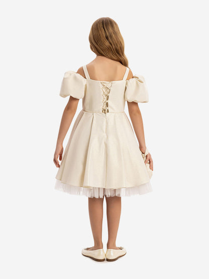 DRESS & Fleur Girls Puff Sleeve Dress with Bag in Beige