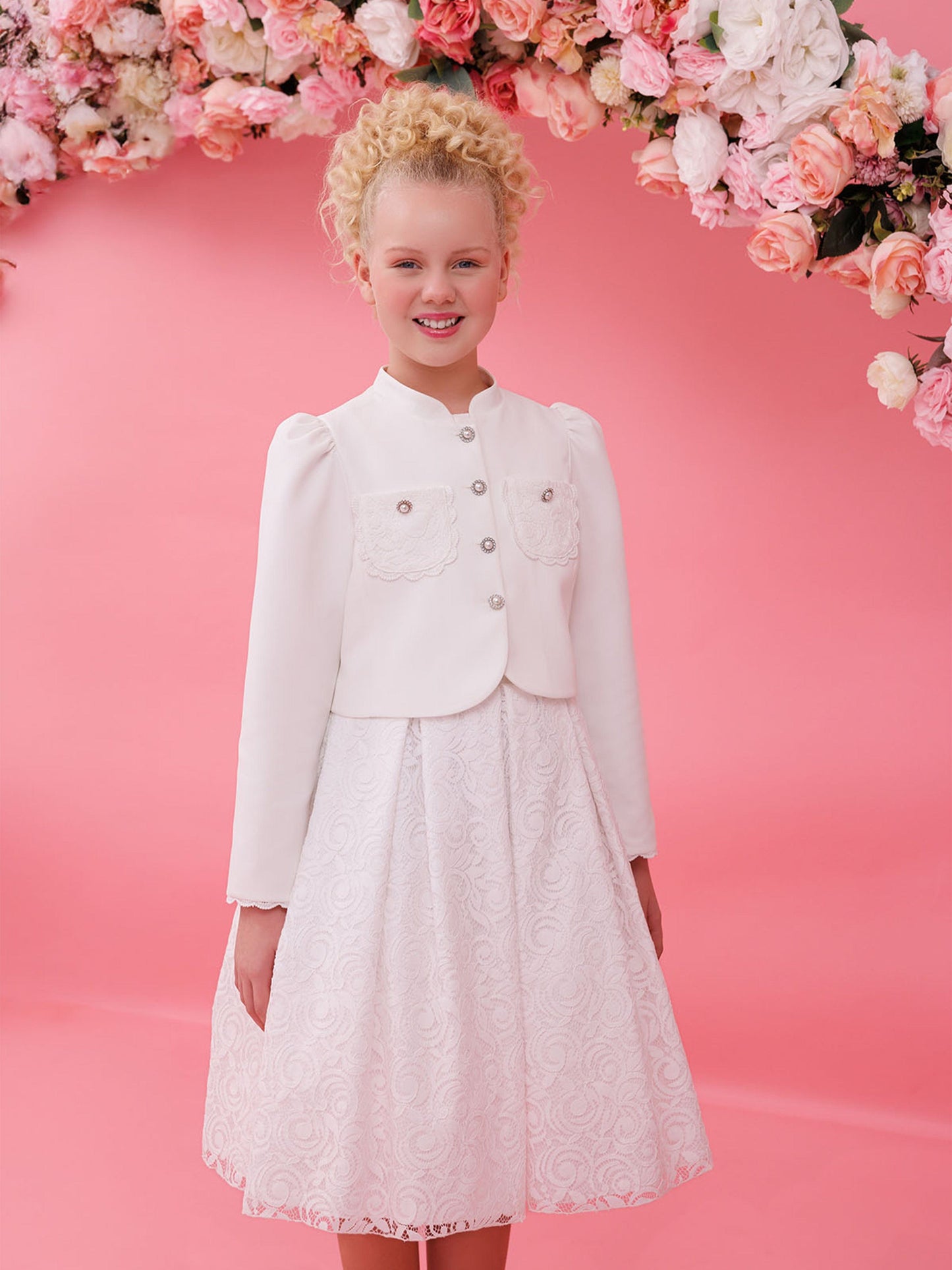 DRESS & Fleur Girls Lace Dress with Bolero in White