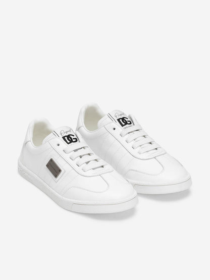 Dolce & Gabbana Boys Leather Logo Lace Up Trainers in White