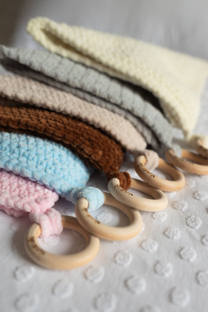 Soft Baby Comforter – Neutral Handmade with Wooden Ring