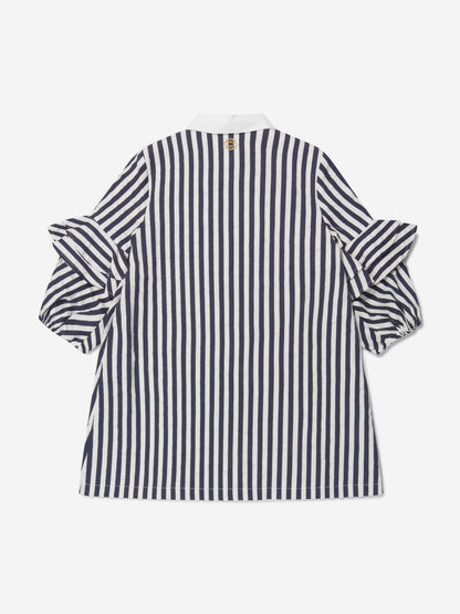 Elie Saab Girls Cotton And Silk Striped Ruffle Trim Dress in Navy