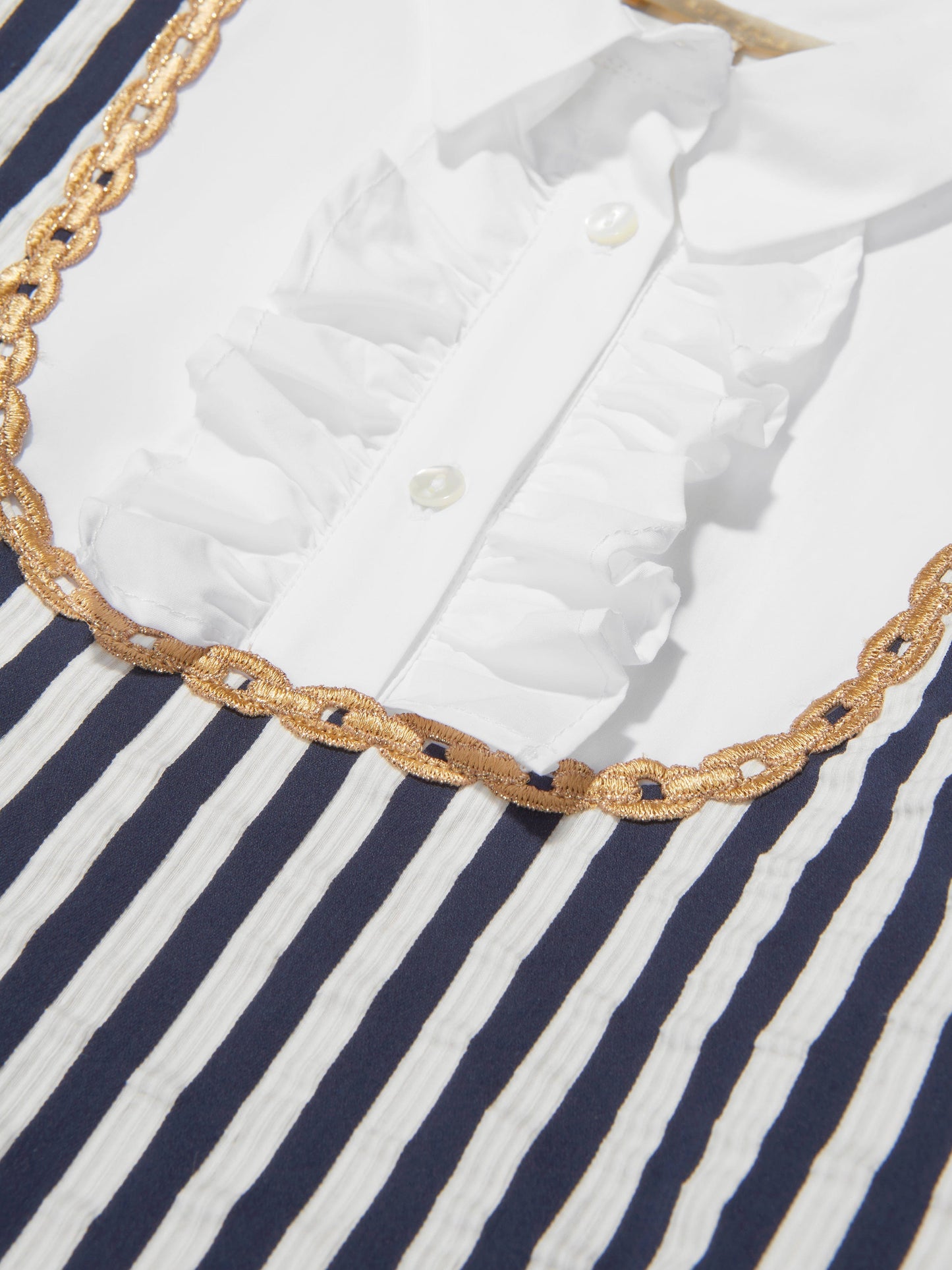 Elie Saab Girls Cotton And Silk Striped Ruffle Trim Dress in Navy