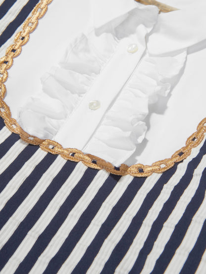 Elie Saab Girls Cotton And Silk Striped Ruffle Trim Dress in Navy