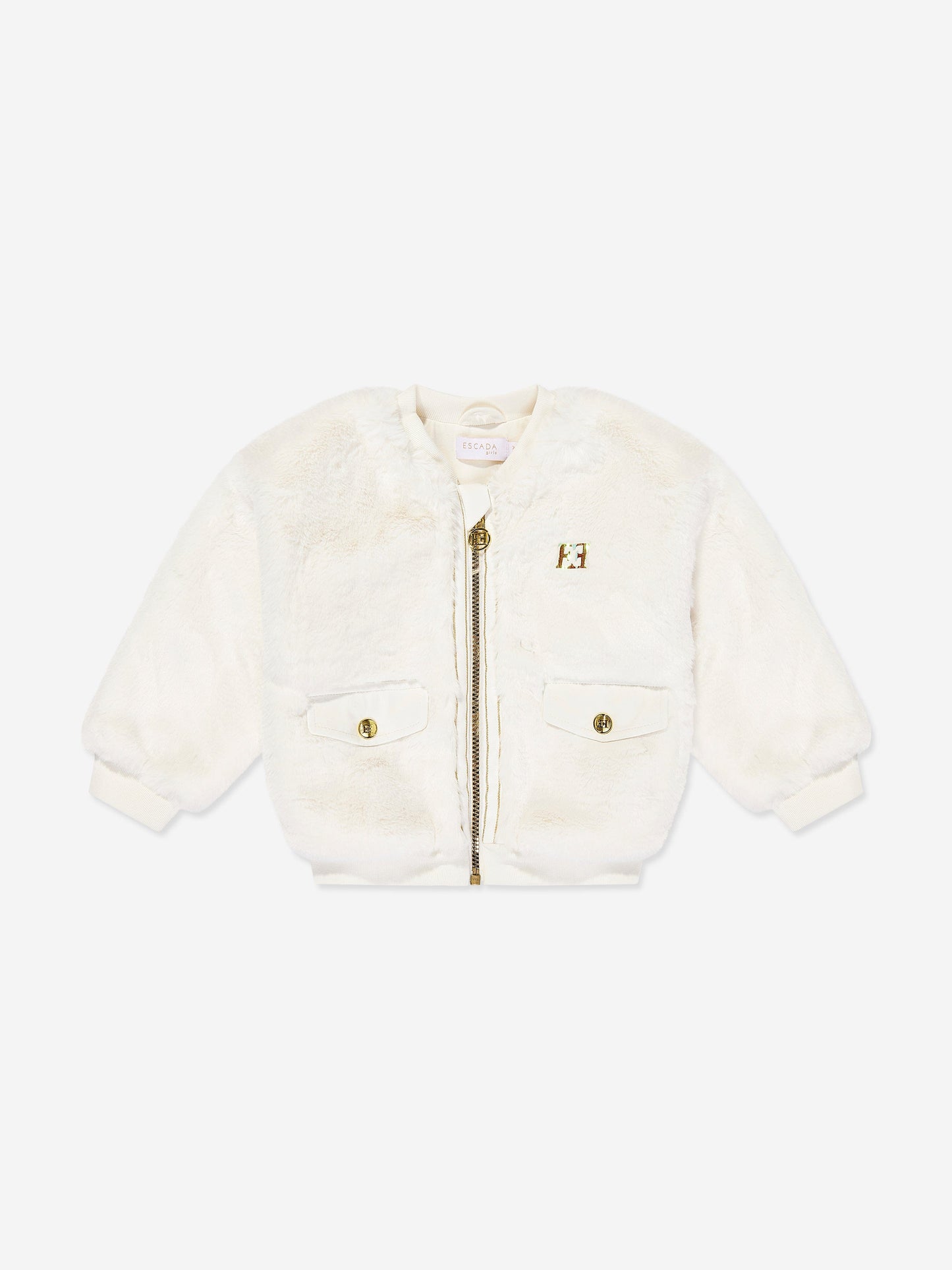 Escada Girls Embroidered Logo Faux Fur Jacket in Ivory