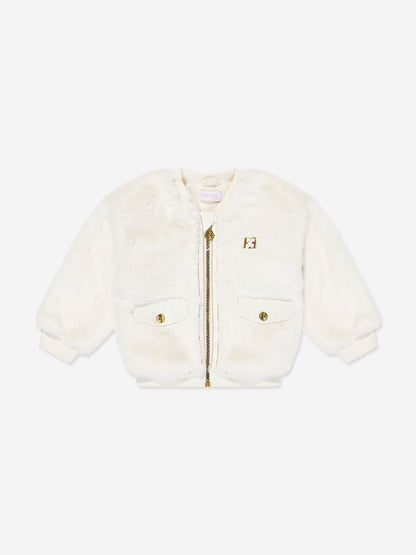 Escada Girls Embroidered Logo Faux Fur Jacket in Ivory
