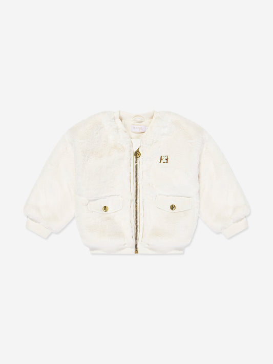 Escada Girls Embroidered Logo Faux Fur Jacket in Ivory