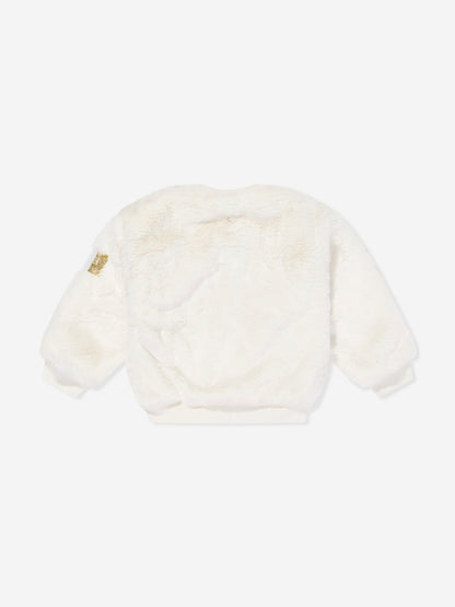 Escada Girls Embroidered Logo Faux Fur Jacket in Ivory