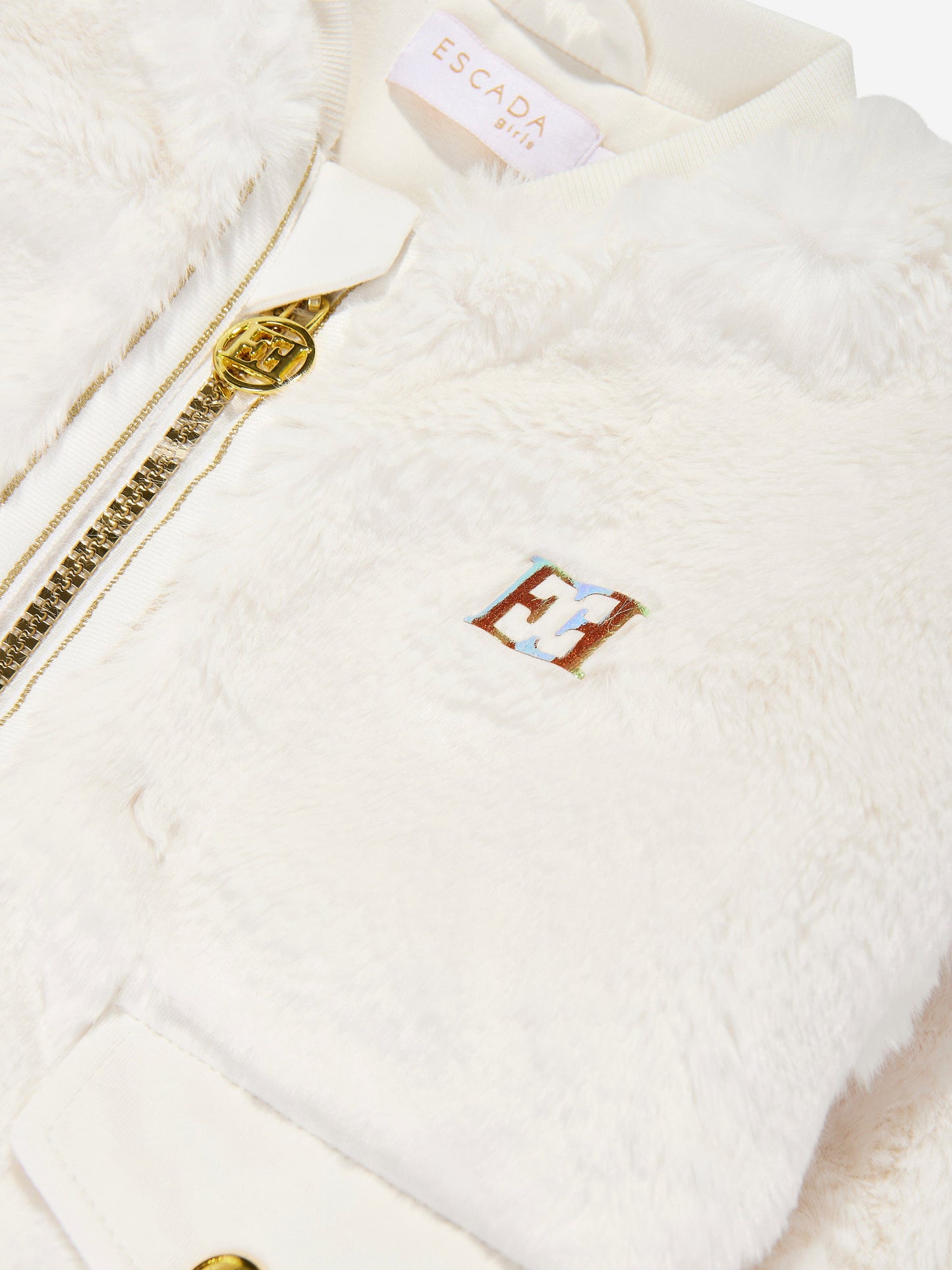 Escada Girls Embroidered Logo Faux Fur Jacket in Ivory