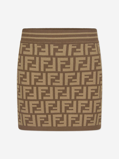 Fendi Girls FF Logo Knitted Skirt in Brown