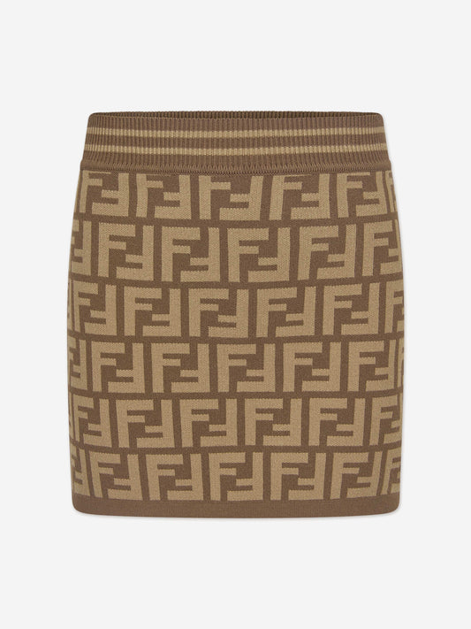 Fendi Girls FF Logo Knitted Skirt in Brown