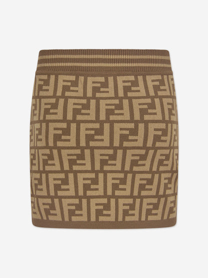 Fendi Girls FF Logo Knitted Skirt in Brown