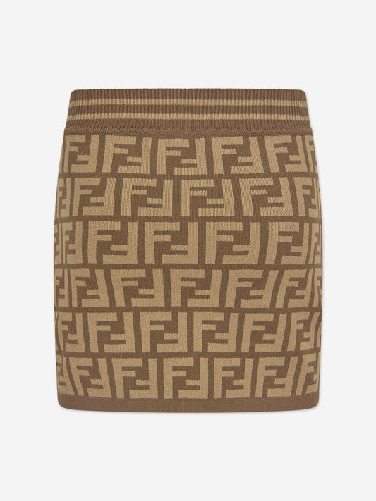 Fendi Girls FF Logo Knitted Skirt in Brown