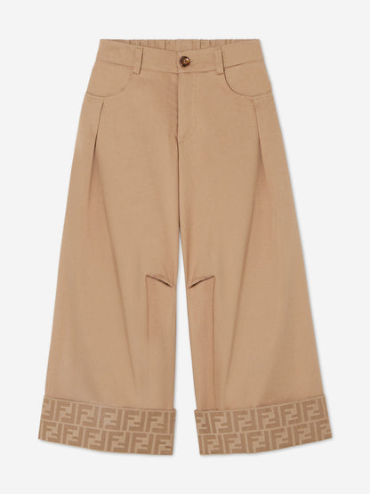 Fendi Girls Gabardine Wide Leg Trousers in Beige