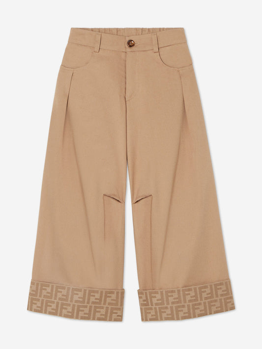 Fendi Girls Gabardine Wide Leg Trousers in Beige