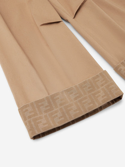 Fendi Girls Gabardine Wide Leg Trousers in Beige