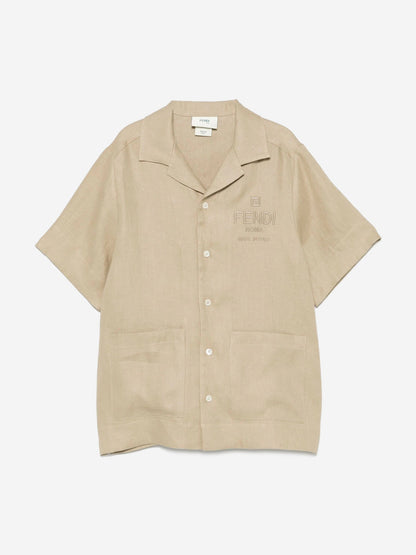 Fendi Boys Linen Logo Shirt in Beige