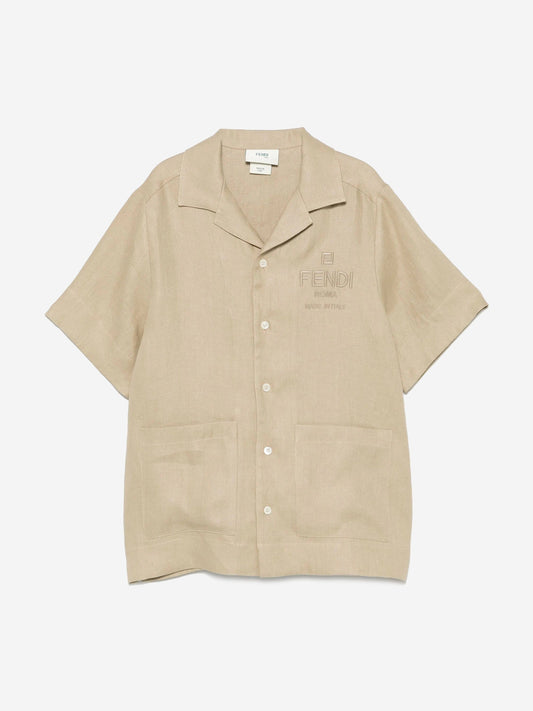 Fendi Boys Linen Logo Shirt in Beige