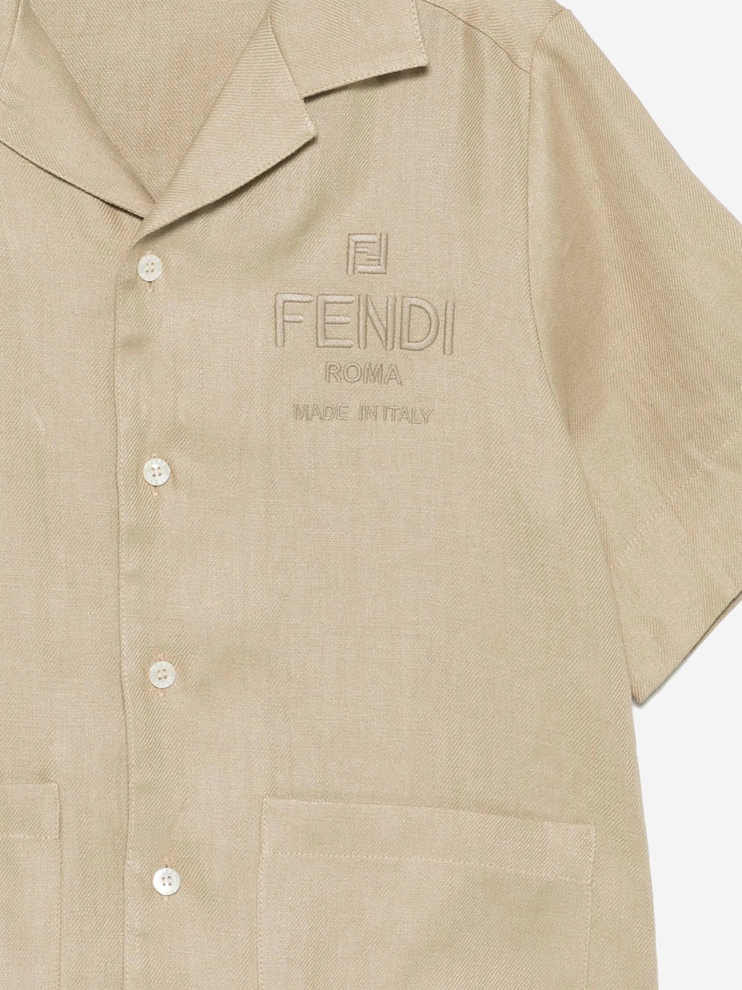 Fendi Boys Linen Logo Shirt in Beige
