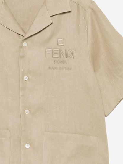 Fendi Boys Linen Logo Shirt in Beige
