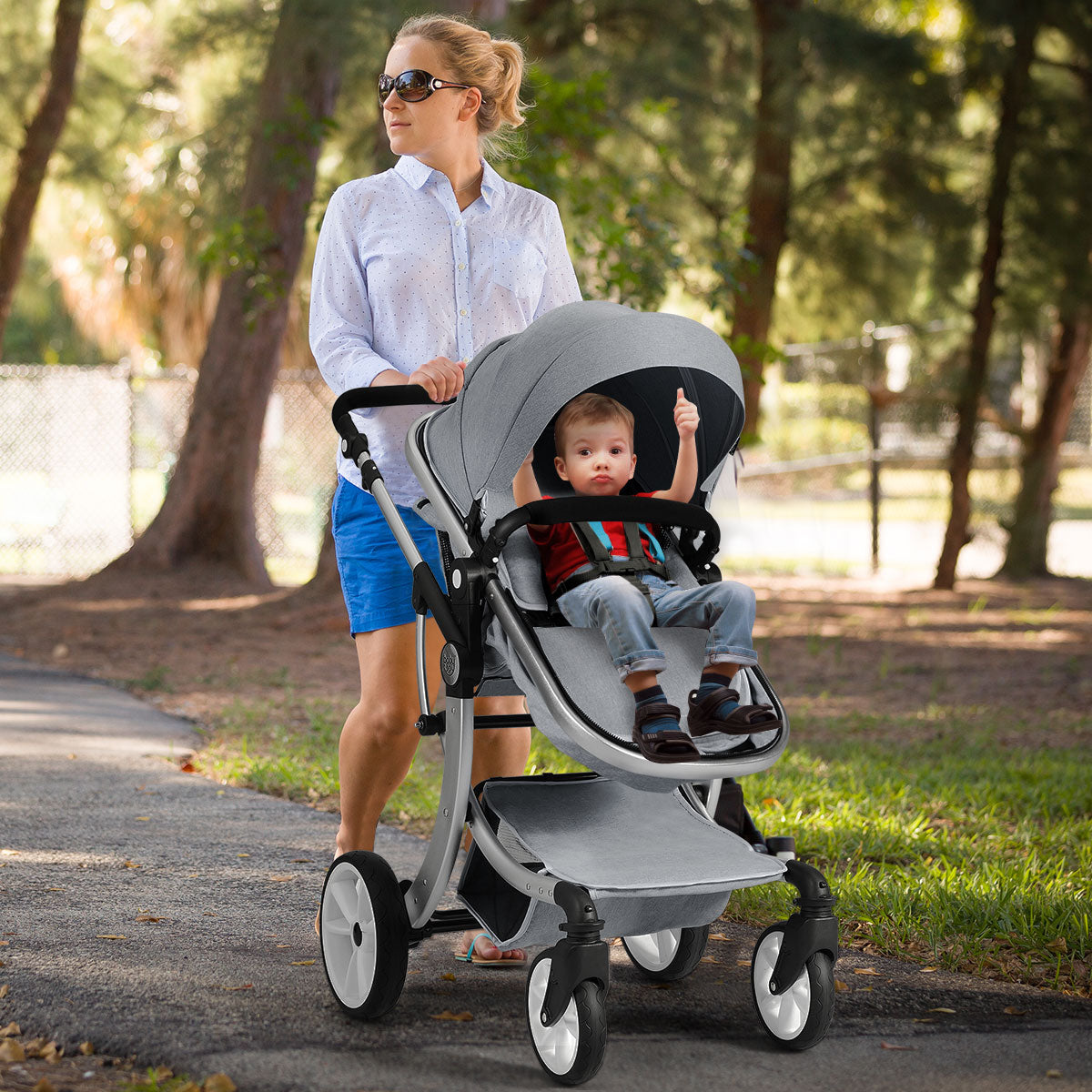 2 in 1 Foldable Baby Stroller with Rain Cover and Mosquito Net-Beige