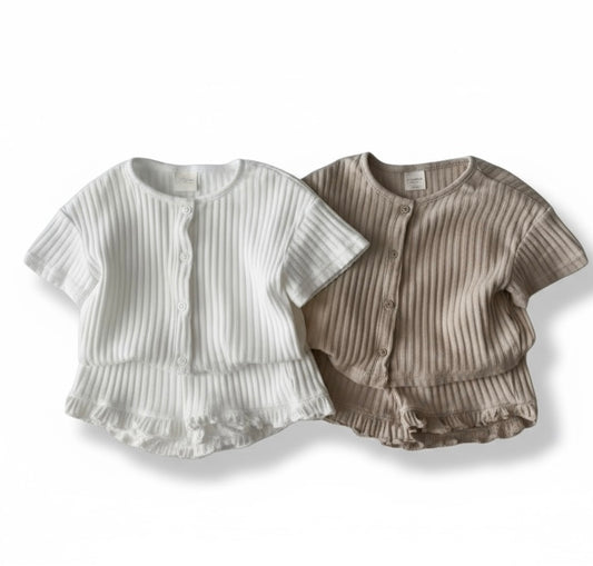 Ribbed Ruffle Hem Button Top & Shorts Set