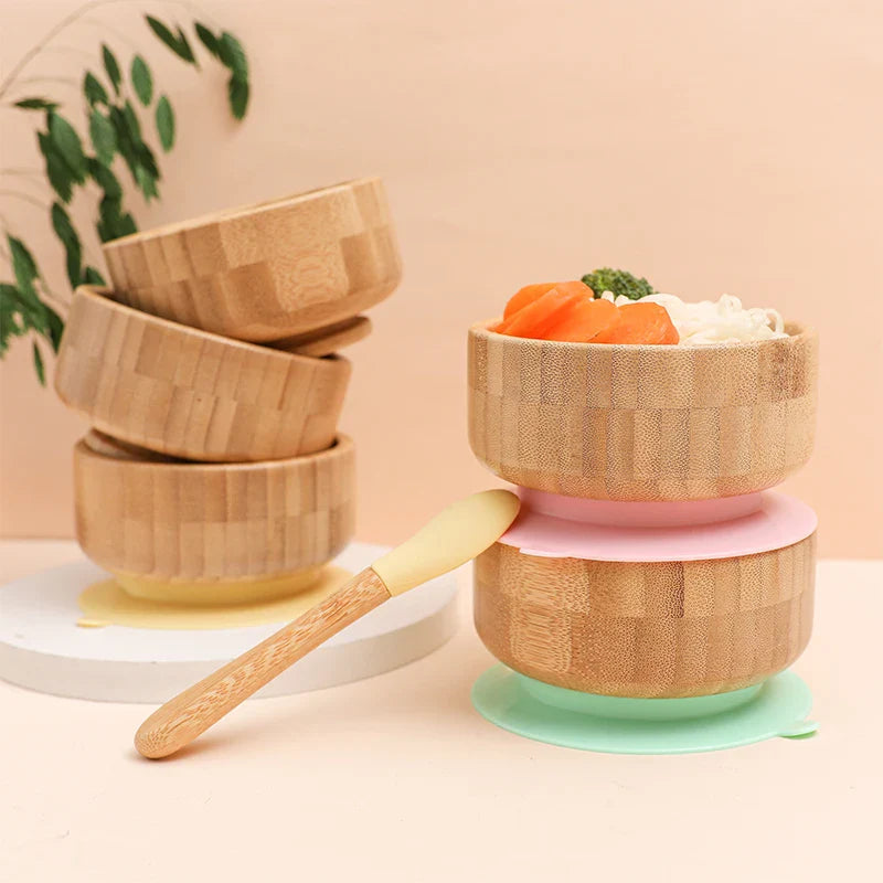 BOOMET Wooden Baby Bowl Set – Suction Plate with Fork & Spoon