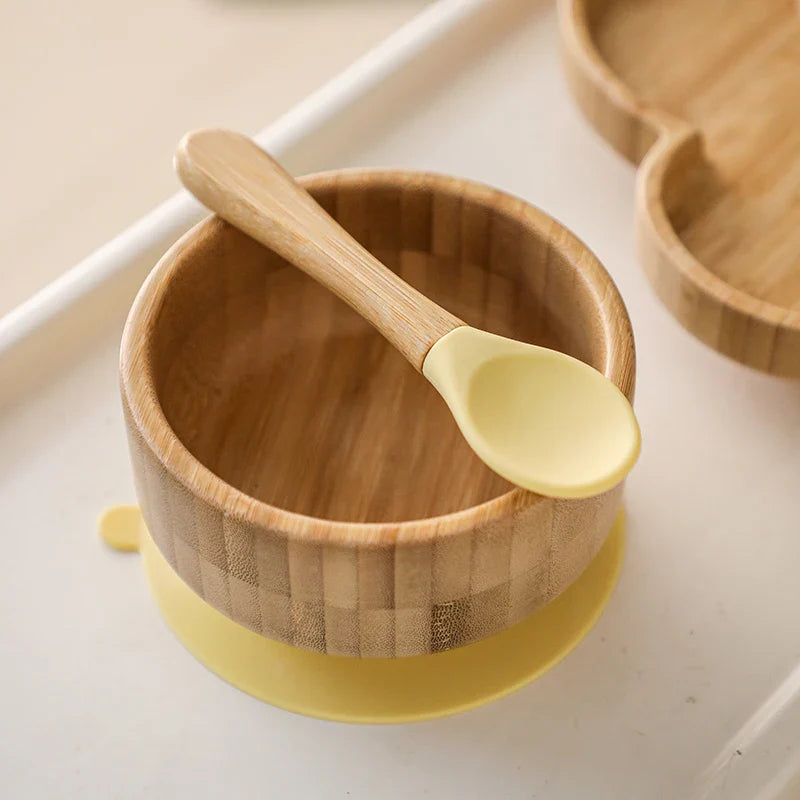 BOOMET Wooden Baby Bowl Set – Suction Plate with Fork & Spoon