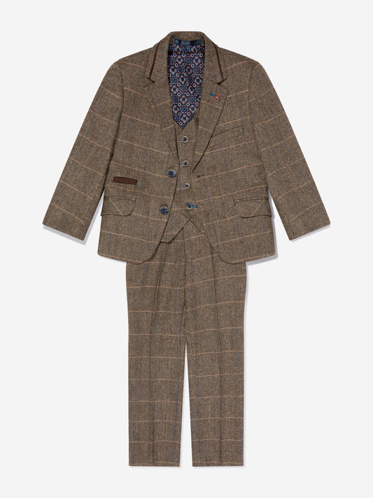 House Of Cavani Boys Albert Tweed Check Suit in Brown