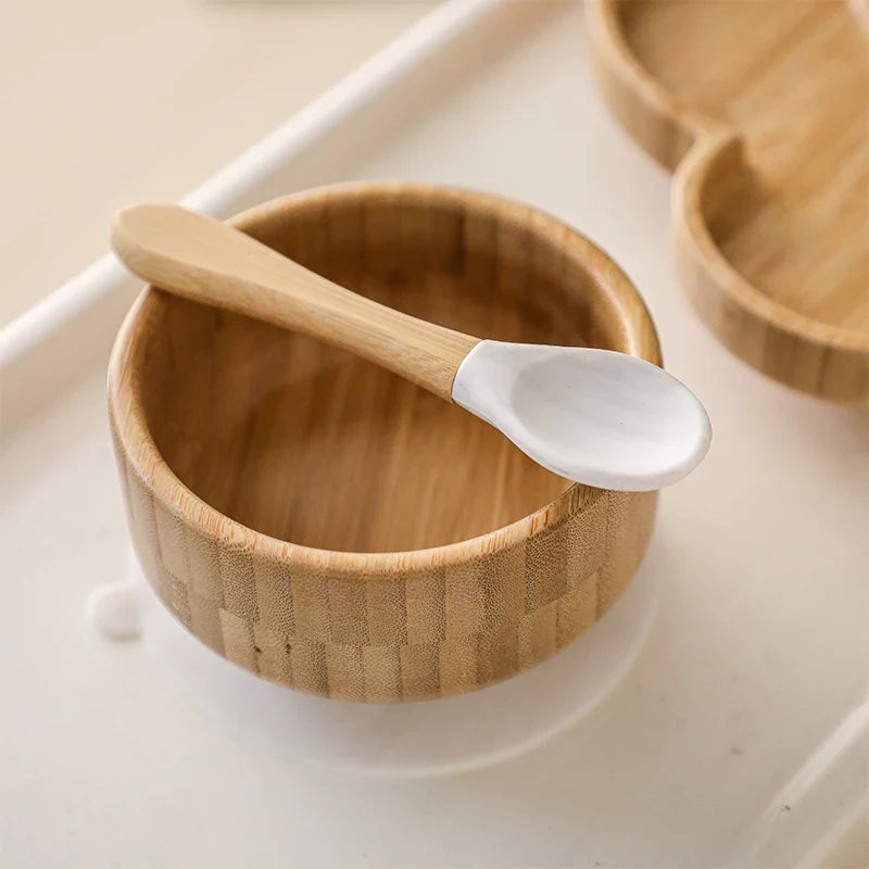 BOOMET Wooden Baby Bowl Set – Suction Plate with Fork & Spoon