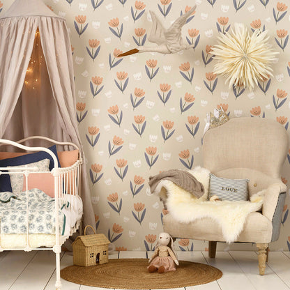 Hibou Design Fleur Wallpaper - Peach/Dusky Blue