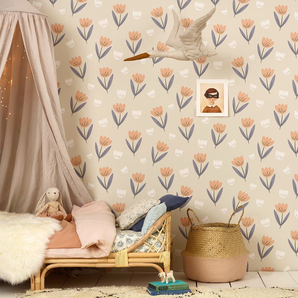 Hibou Design Fleur Wallpaper - Peach/Dusky Blue