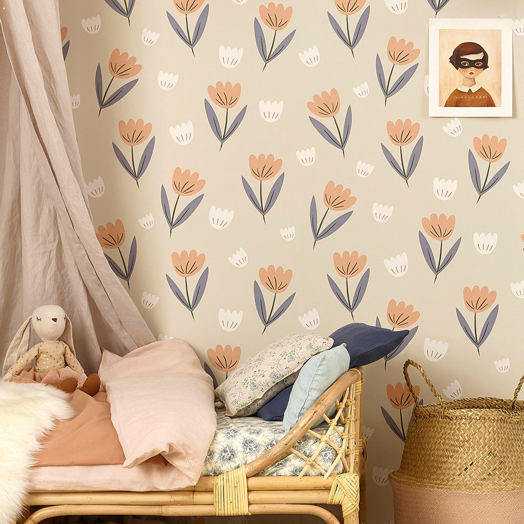 Hibou Design Fleur Wallpaper - Peach/Dusky Blue