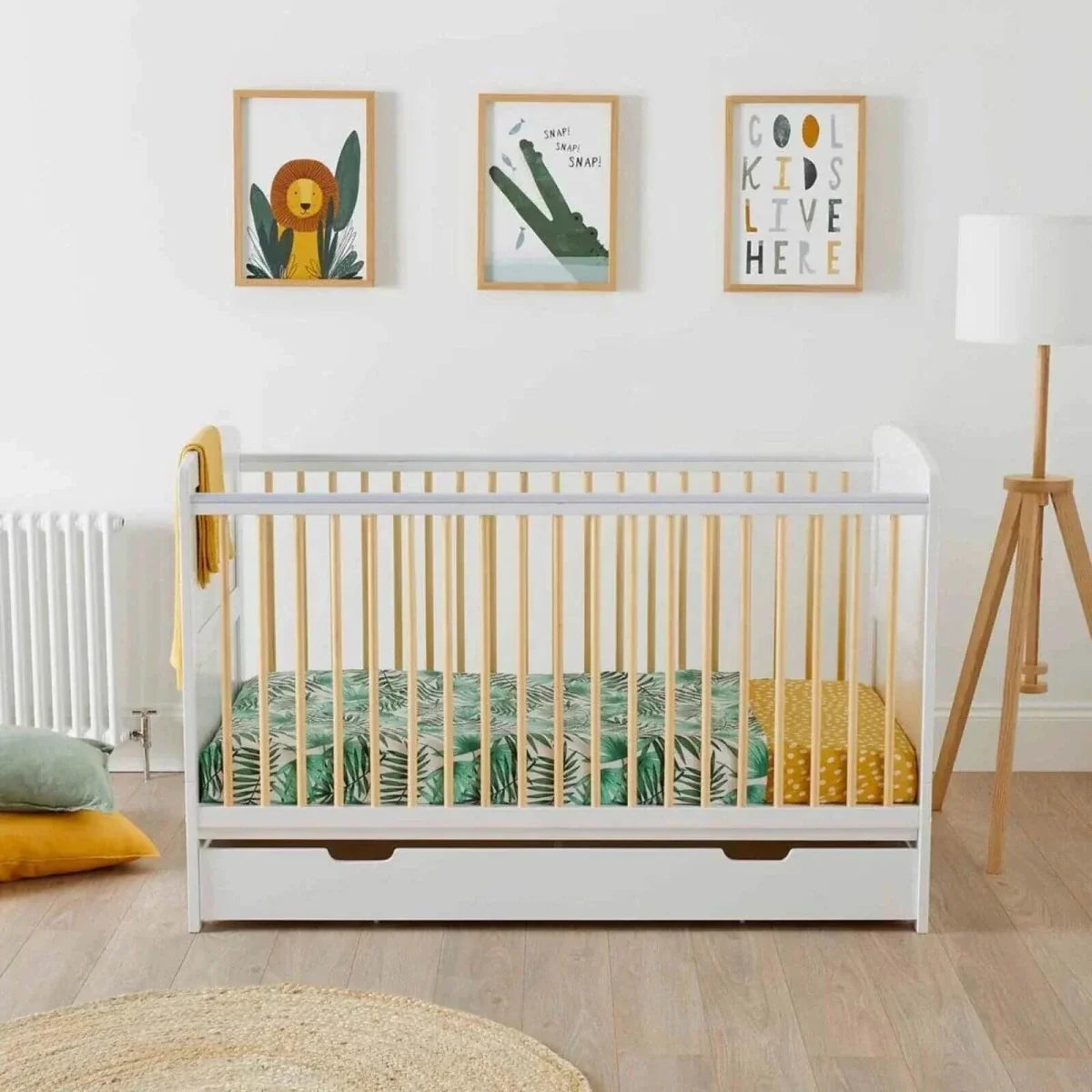 Ickle Bubba Coleby Scandi Cot Bed with Under Drawer Scandi White - Premium Sprung Mattress