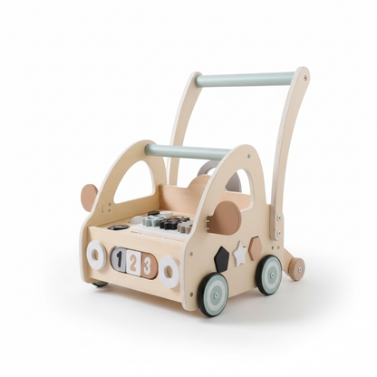 Wooden Baby Activity Walker – Neutral Push Walker with Shape Sorter & Play Features