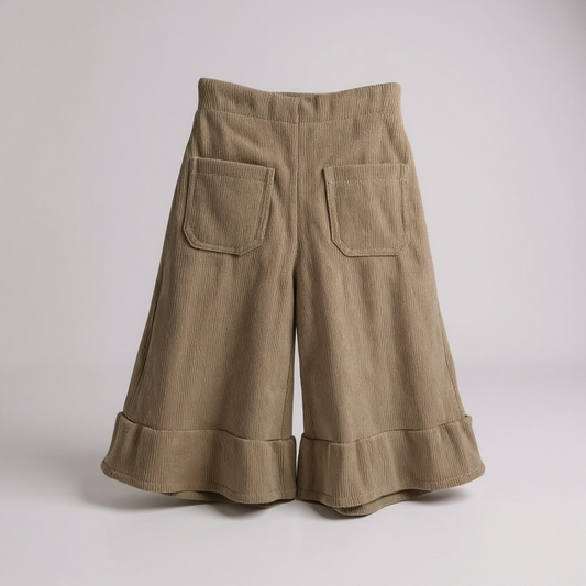 Taupe Cotton Corduroy Ruffle Hem Trousers