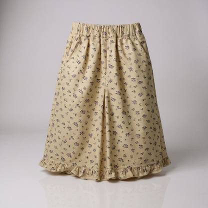 Beige Floral Corduroy Ruffle Hem Trousers