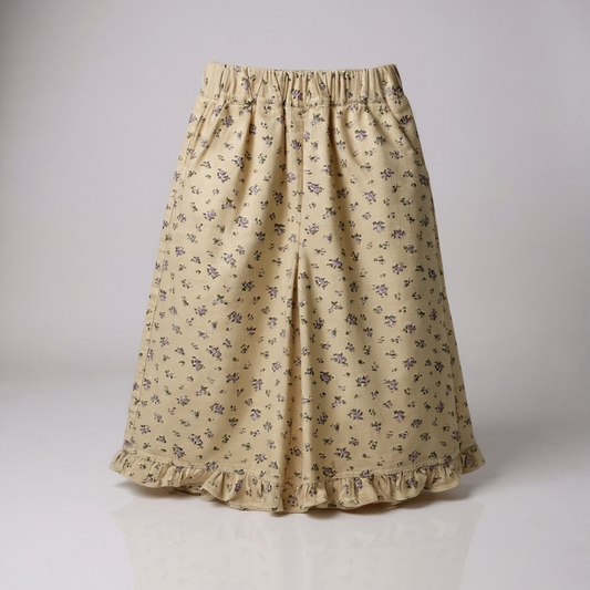Beige Floral Corduroy Ruffle Hem Trousers