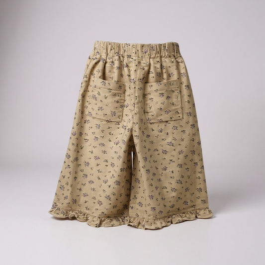 Beige Floral Corduroy Ruffle Hem Trousers