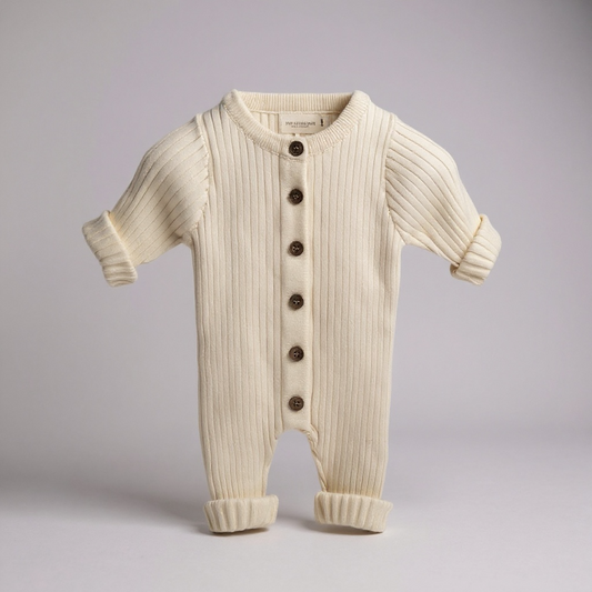 White Ribbed Button-Front Baby Romper