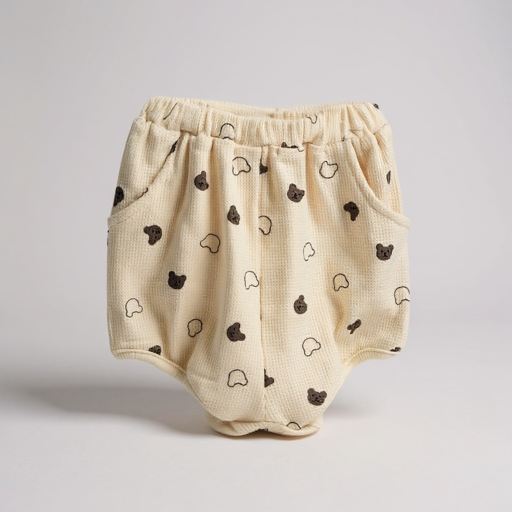 Beige Waffle Teddy Print Top & Shorts Set
