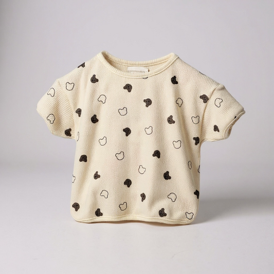 Beige Waffle Teddy Print Top & Shorts Set