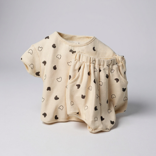 Beige Waffle Teddy Print Top & Shorts Set