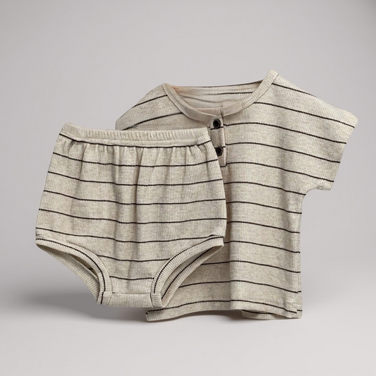 Beige Stripe Short Sleeve Top & Bloomer Set