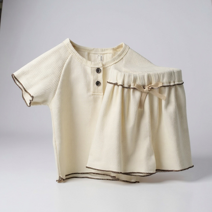 Cream Waffle Ruffle Edge Top & Shorts Set