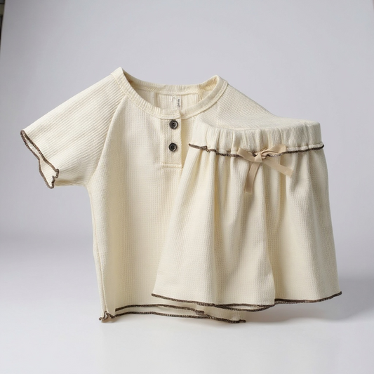Cream Waffle Ruffle Edge Top & Shorts Set
